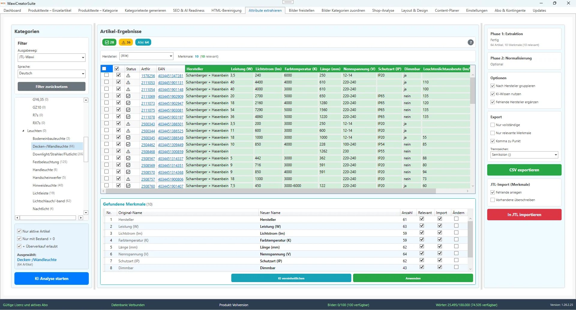 WawiCreatorSuite Merkmal-Extraktion erkennt automatisch Merkmale wie Tragkraft, Durchmesser und Material aus Produkttexten