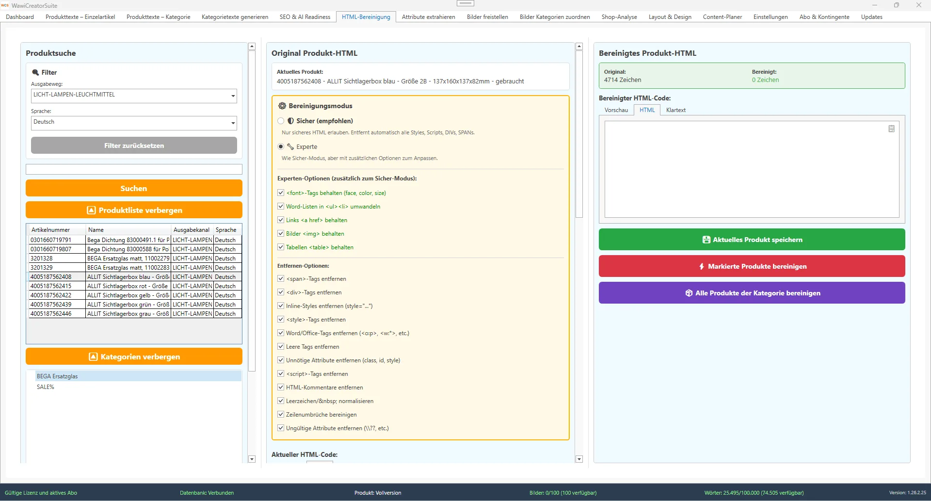 WawiCreatorSuite HTML-Bereinigung entfernt Word-Muellcode und Inline-Styles aus Produkttexten