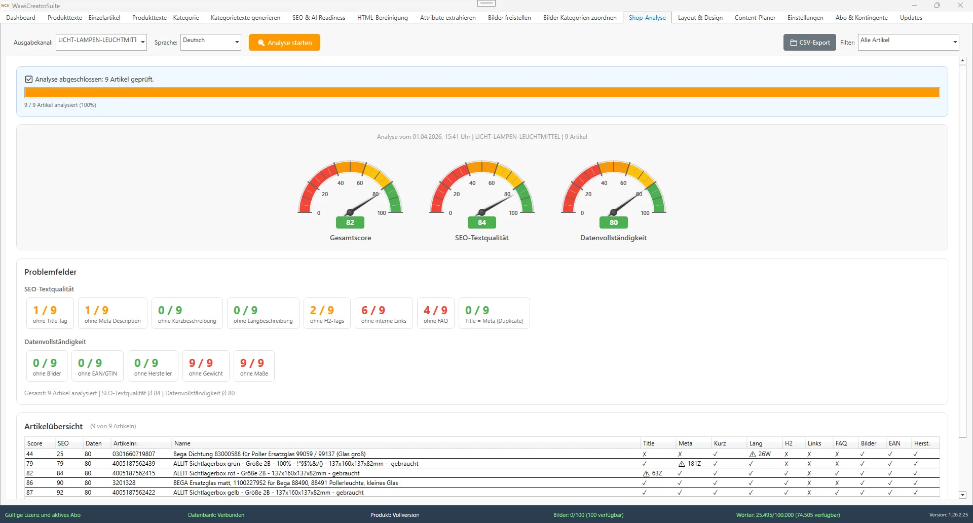 WawiCreatorSuite Shop-Analyse zeigt SEO-Textqualitaet, Datenvollstaendigkeit und filterbare Artikellisten mit CSV-Export