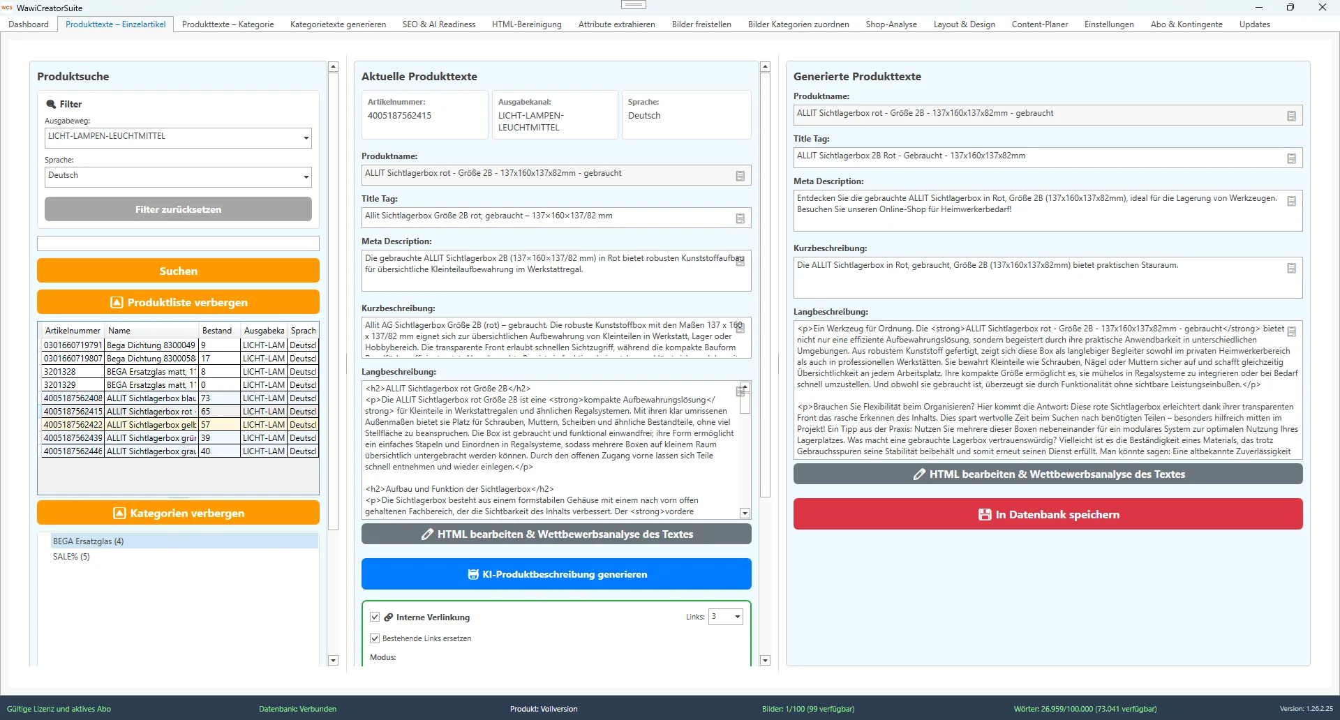 WawiCreatorSuite KI-Textgenerierung Interface zeigt strukturierte Produkttext-Erstellung mit Title, Meta-Description und FAQ-Generierung