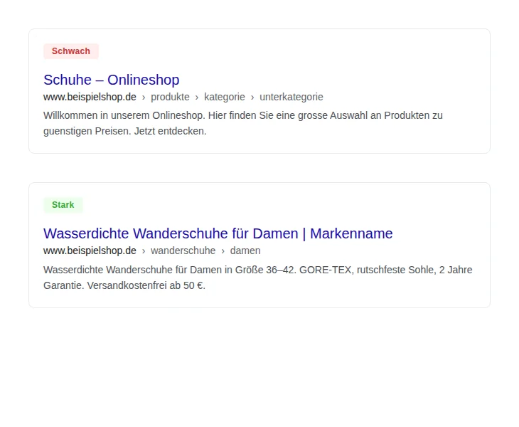Vergleich: schwaches und starkes Google-Snippet